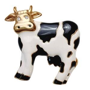 Vintage 1980s Enamel Cow Brooch Gold Tone Figural Animal Pin Rhinestone Eyes